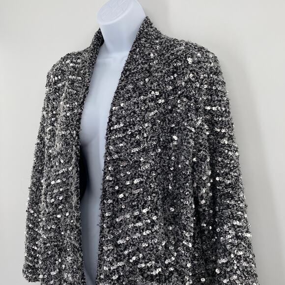H&M Black Silver Sequin Oversize Textured Long Sleeve Open Front Lined Jacket M - Picture 3 of 13